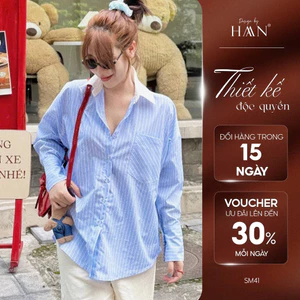 Áo Sơ Mi Nữ Công Sở Kẻ Dài Tay Dáng Rộng Phối Cổ Trắng Chất Mềm Không Nhăn Màu Hồng Xanh FREESIZE SM41