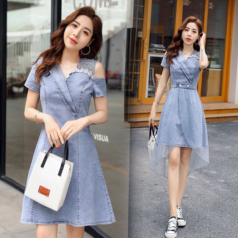 Đầm Xuân/Hè Jinbukang mới, bộ denim lưới với thiết kế dáng rộng ngọt ngào kiểu Hàn Quốc và chiết eo thanh lịch.