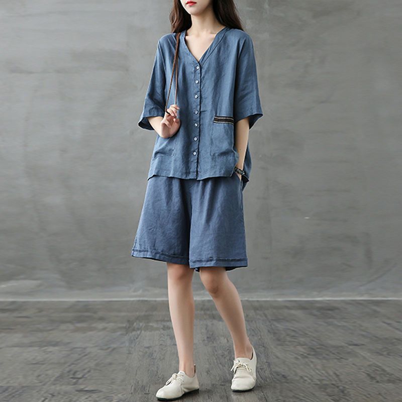 Áo vải cotton-linen, quần short ống rộng dáng suông, bộ hai mảnh giả linen thời trang mùa hè mới dành cho nữ.