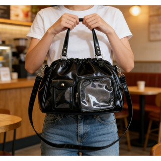 Đơn giản đại học màu trơn anime trong suốt unisex pu dung tích lớn Túi Tote