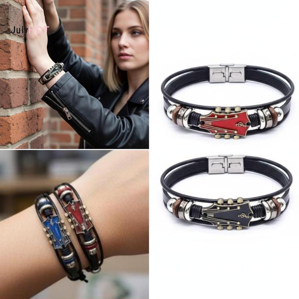 Đàn Guitar Vòng Tay Punk Rock Handmade từ Da PU, Phong Cách Retro
