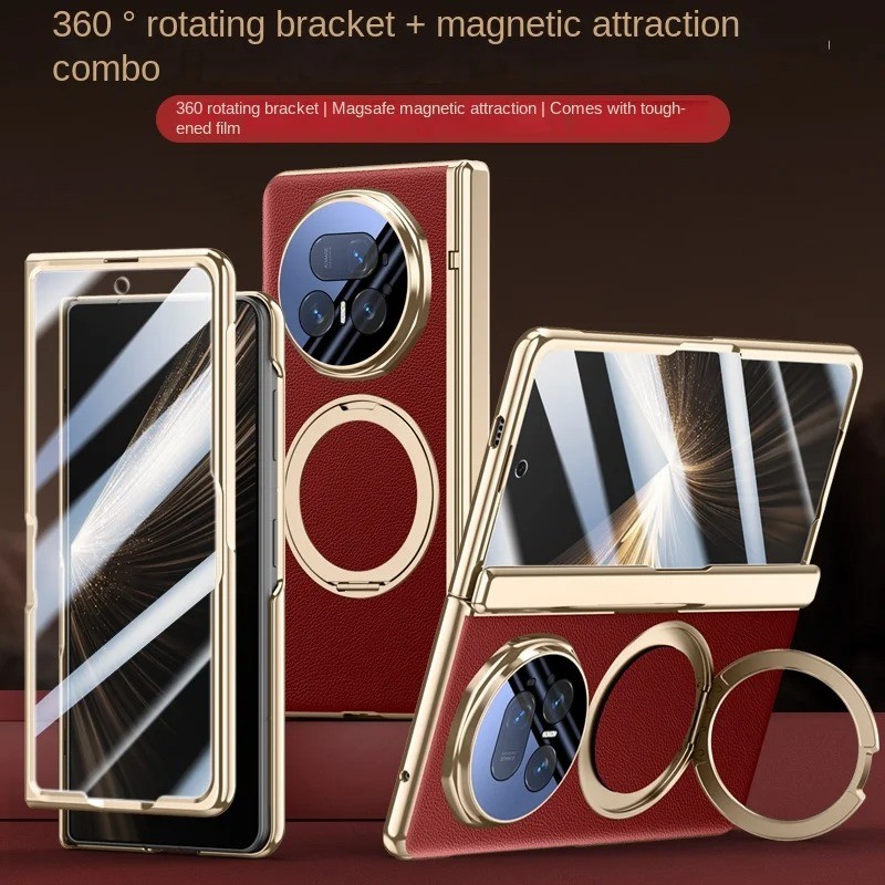 Dành Cho Huawei Honor Magic V5 Ốp điện thoại Da PU Sang Trọng Nhẫn Đứng Sạc Không Dây Từ Tính Bảo Vệ Mặt Sau Cho Magic V5 Vỏ