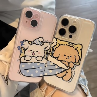 Gối ngủ cho cặp đôi, cún con phù hợp với vỏ điện thoại 16/17 Promax, iPhone 15 trong suốt, 14 Pro, đáng yêu, chống rơi