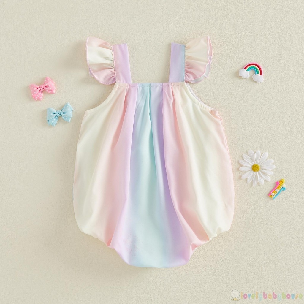 LBH-Baby Bé Gái Thời Trang Mùa Hè Đầy Màu Sắc Nơ Trang Trí Áo Liền Quần Cổ Vuông Tay Bay