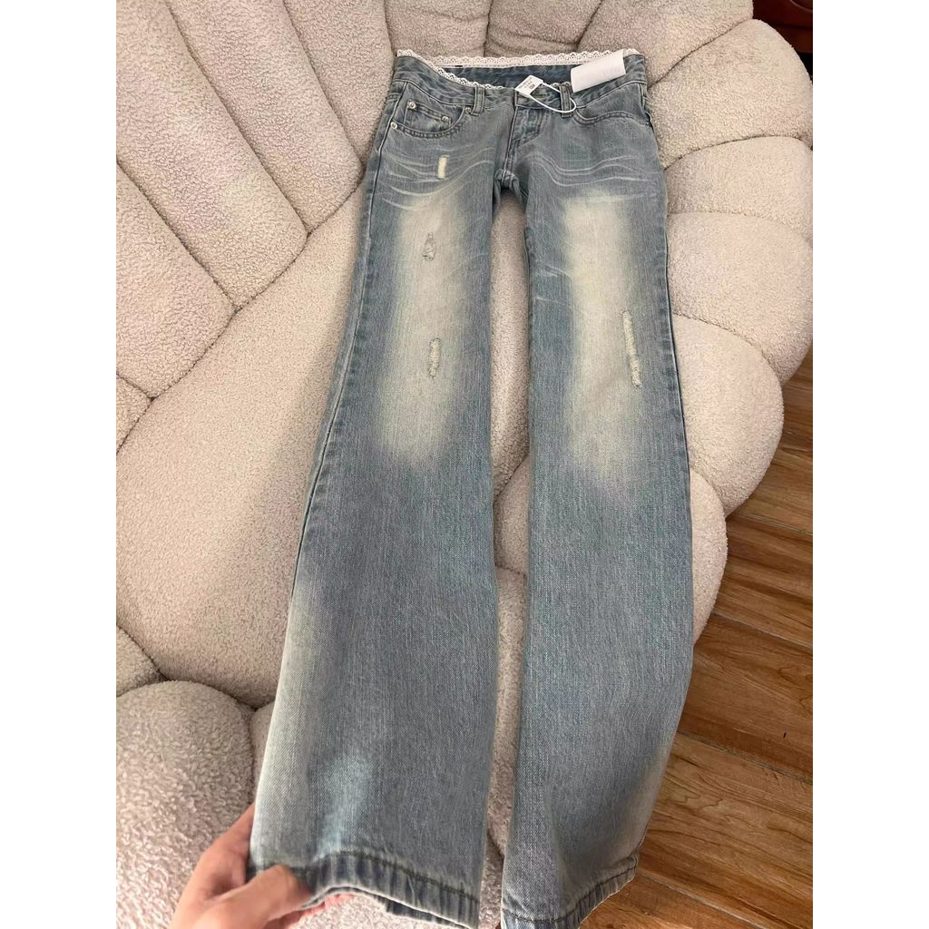 Retro quần jean nữ màu ánh sáng, hơi loe, eo rời không đáy