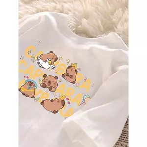 Hình Capybara in Áo Thun Ngắn Tay, mùa all, bé trai bé gái, phong cách Hàn Quốc, rộng vừa.