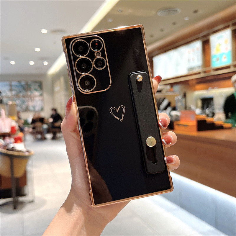 Giá đỡ dây đeo cổ tay Mạ điện cho Samsung Galaxy A57 A37 A56 A36 A27 A26 A25 A24 A17 A16 A15 A14 A55 A35 Vỏ điện thoại hình trái tim tình yêu