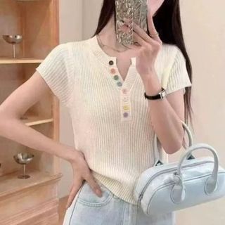 Áo Len Tay Ngắn Màu Vàng Ngọt Ngào, Vai Phù Hợp, Thích Hợp Mặc Ngoài Mùa Xuân Hè