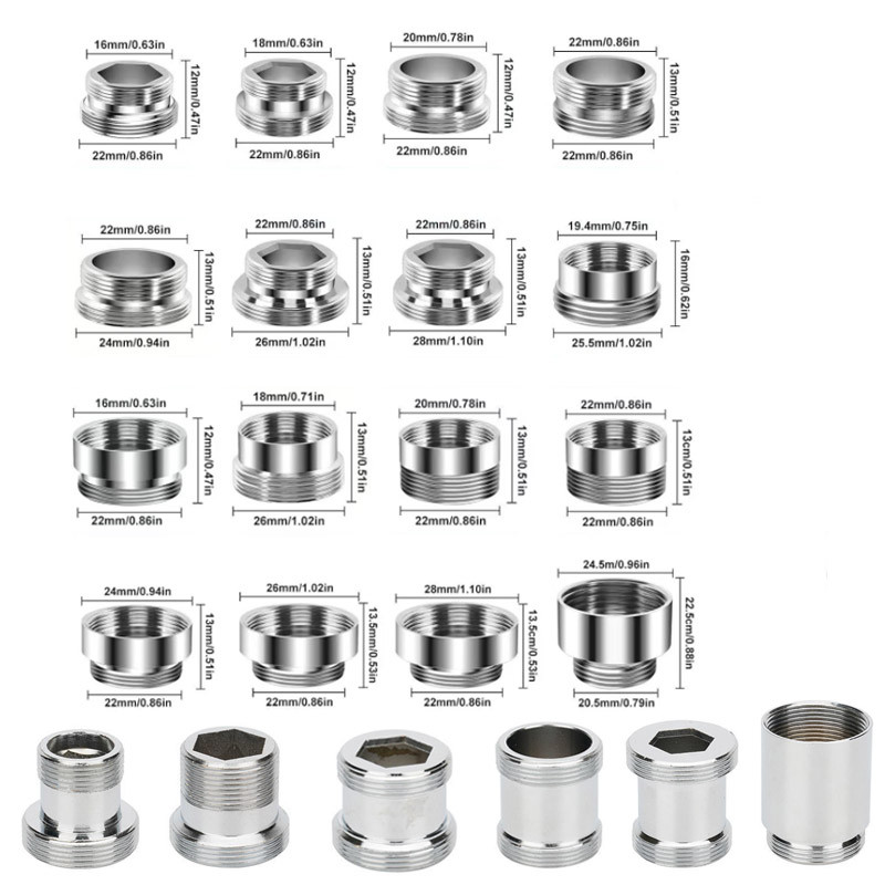 Bộ chuyển đổi vòi 22 Turn 16 18 20 22 24 26 28 mm Vòi răng mịn bên trong và bên ngoài 1 / 2 "3 / 4" Phụ kiện ren chuyển đổi