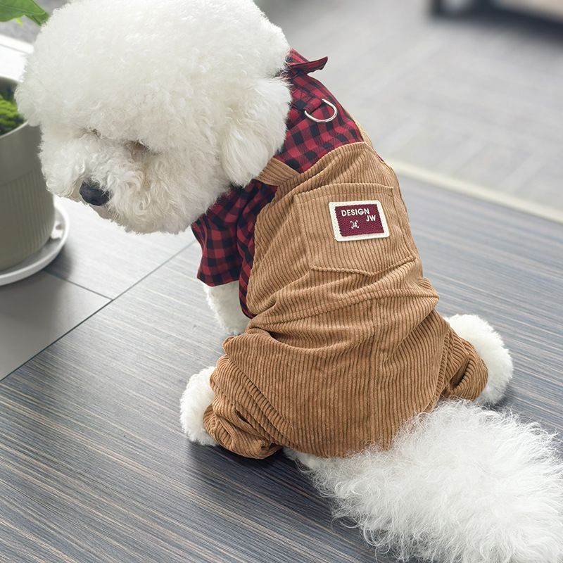 Thú Cưng Quần Áo Cho Chó Mùa Xuân Thu Mỏng Phong Cách Teddy Bichon Chó Nhỏ Dễ Thương Kẻ Sọc Áo Sơ Mi Corduroy Quần Áo Bốn Chân