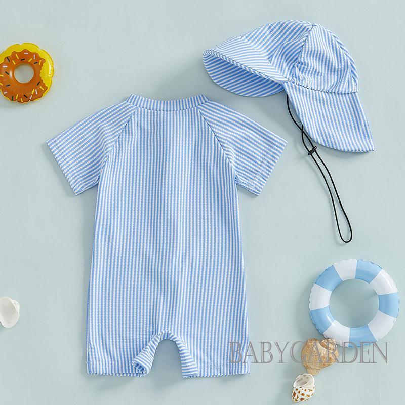 Tập Đi Bé Trai Sọc Đồ Bơi Tay Ngắn Nửa Dây Kéo Chống Đập Rash Guard Đồ Bơi Sunhat Bộ