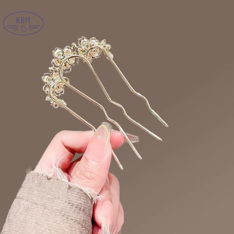 Kẹp tóc hình chữ u với ngọc trai và hoa, phù hợp cho retro bun, làm từ hợp kim - phụ kiện tóc nữ sang trọng, tiện lợi hằng ngày, quà tặng đẹp mắt