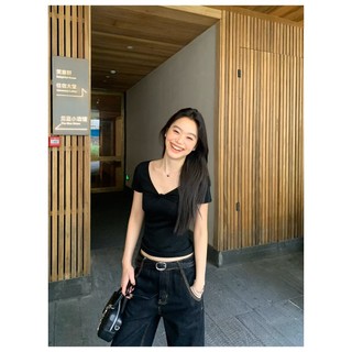 ít người mặc nút xoắn thiết kế áo cổ V Áo thun tay ngắn nữ mùa hè mẫu mới thanh mảnh áo trên