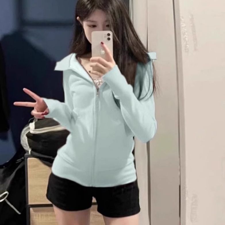 [Phù Hợp Với] Áo khoác nữ Dopamine slim-fit, có mũ trùm đầu, thể thao, nẹp ngắn, lông cừu, mùa xuân, phù hợp mọi trận đấu