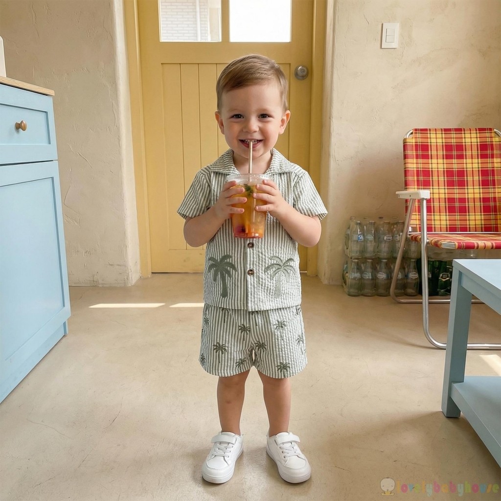 LBH-Toddler Bé Trai Mùa Hè Dễ Thương Sọc Cây Dừa Thêu Áo Sơ Mi Tay Ngắn Có Quần Short Bộ 2 Chiếc