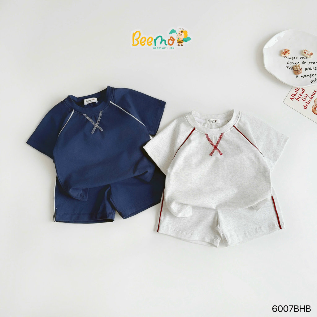Set cộc tay phối chỉ nổi Beemo chất liệu cotton co giãn 4c cho bé trai 9-21kg