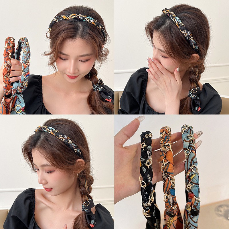 Bờm Cài Tóc Nữ Tết Dây Lụa Hoạ Tiết Siêu Dễ Thương