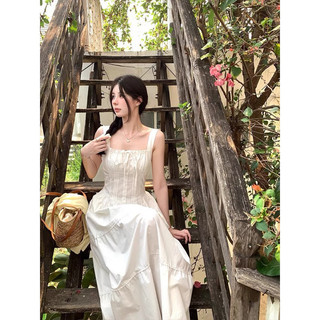 Váy Kaki Trắng 2 Dây Nhúm Ngực Ly Eo Chun Lưng,Váy Maxi Đi Biển, Du Lịch, Đi Chơi Lollaye