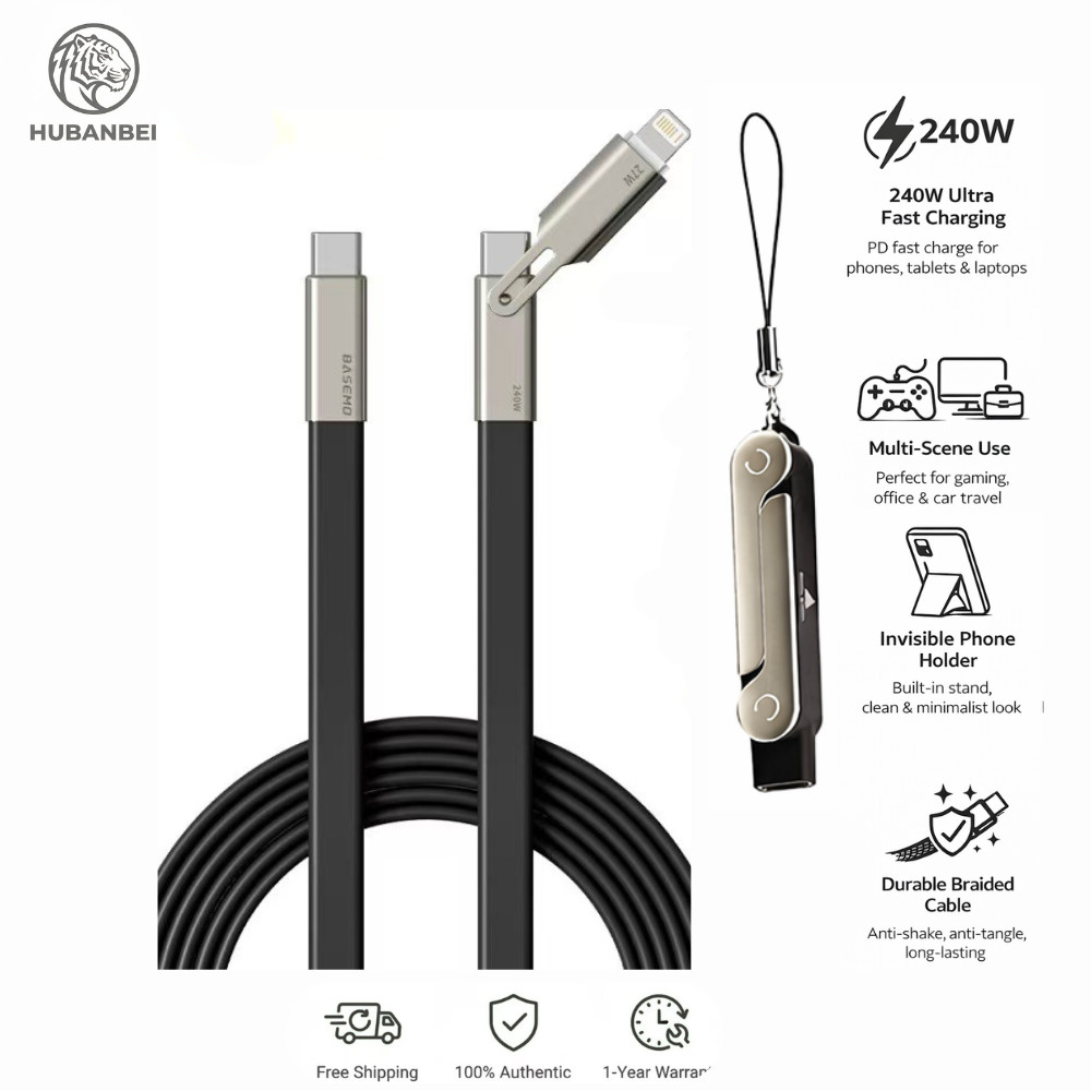 Cáp sạc nhanh Type-C 240W kèm giá đỡ gập ẩn, giá đỡ điện thoại tháo rời 2 trong 1, cáp dữ liệu silicon lỏng 1.5m