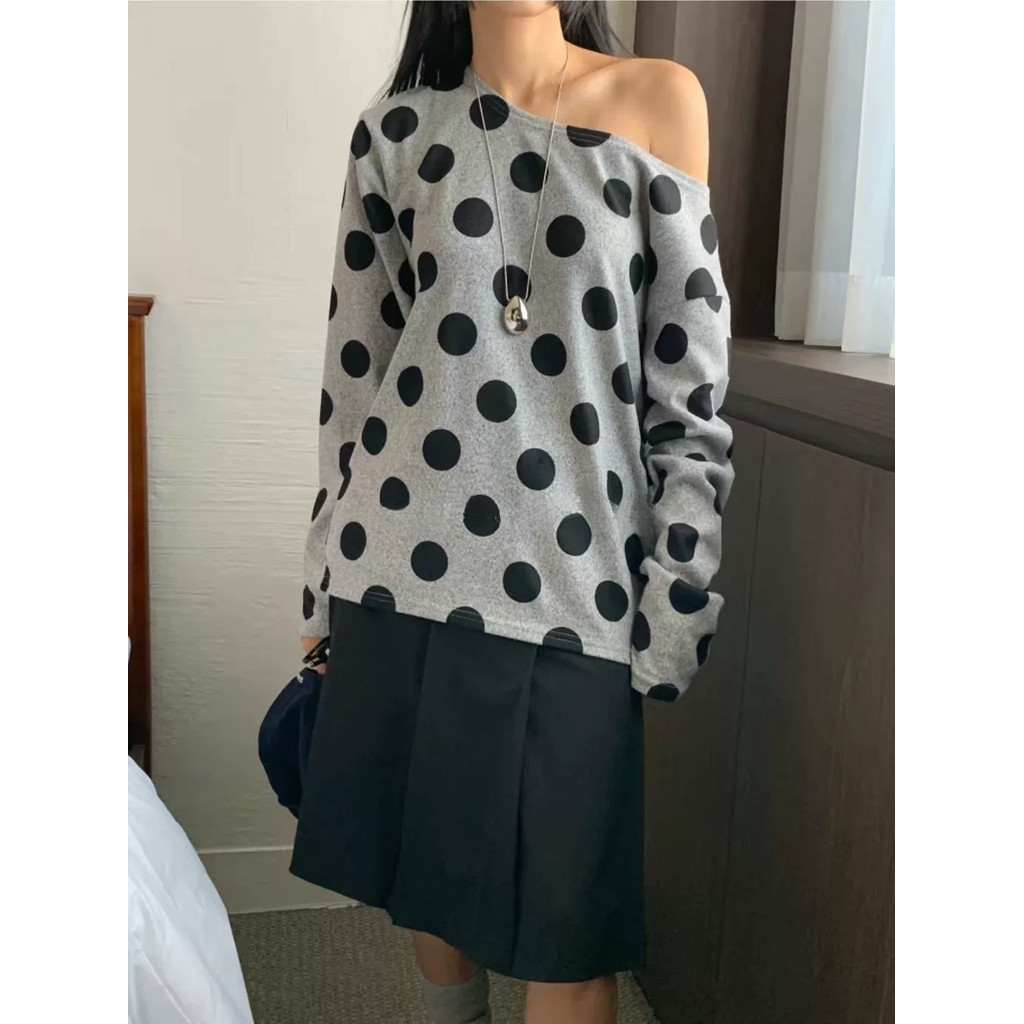 Milyfashion Rời Kích Thước Lớn Thường Ngày Thu Đông Phong Cách Mới Top Nữ Phù Hợp Với Lười Chấm Bi In Hình Cổ Tròn Áo Chui Đầu Đeo Vai Dài Tay