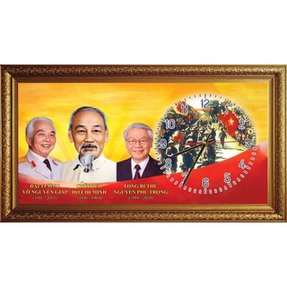 Tranh gắn đồng hồ 3 Bác 02 tráng gương đóng khung