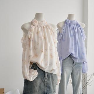 Áo sơ mi voan cổ bướm, dây tháo rời, họa tiết hoa 3D, màu tím ngọt ngào, phù hợp mùa xuân hè