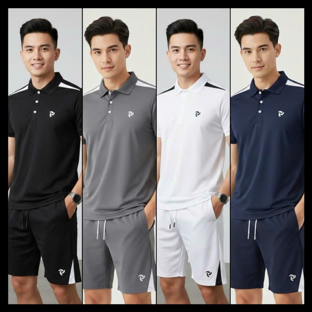 Bộ quần áo nam nữ cao cấp- Phối vai logo thêu- Chất liệu poly cá sấu co giãn mát mẻ- trẻ trung