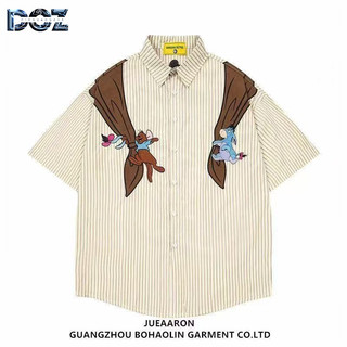 DICHUANGZHE Nam retro phong cách đường phố cao cấp và vui tươi gấu bông sọc ngắn tay