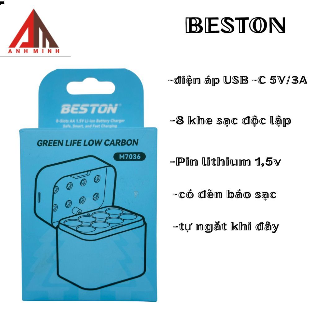 Hộp Sạc Pin BESTON M7036 M7037 – 8 Khe Sạc Pin AA/AAA Cổng USB Dng Cho Thiết Bị Điện Tử – Chính Hãng