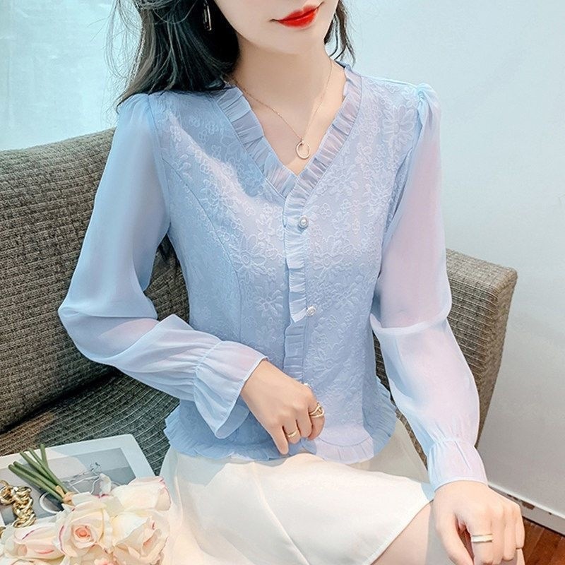 Áo sơ mi nữ tay dài, kiểu Pháp mới xuân hè với cổ áo jacquard, thiết kế thời trang, áo tay chuông bằng vải voan