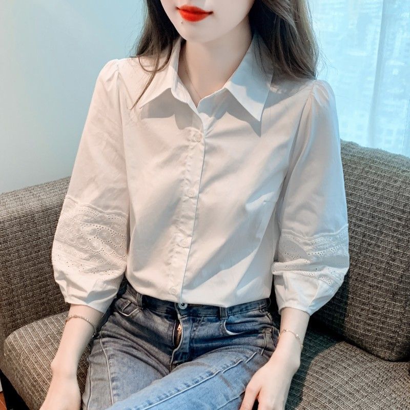 Áo sơ mi nữ cotton tay phồng, dáng rộng, che bụng, áo tay ba phần, phong cách thời trang.