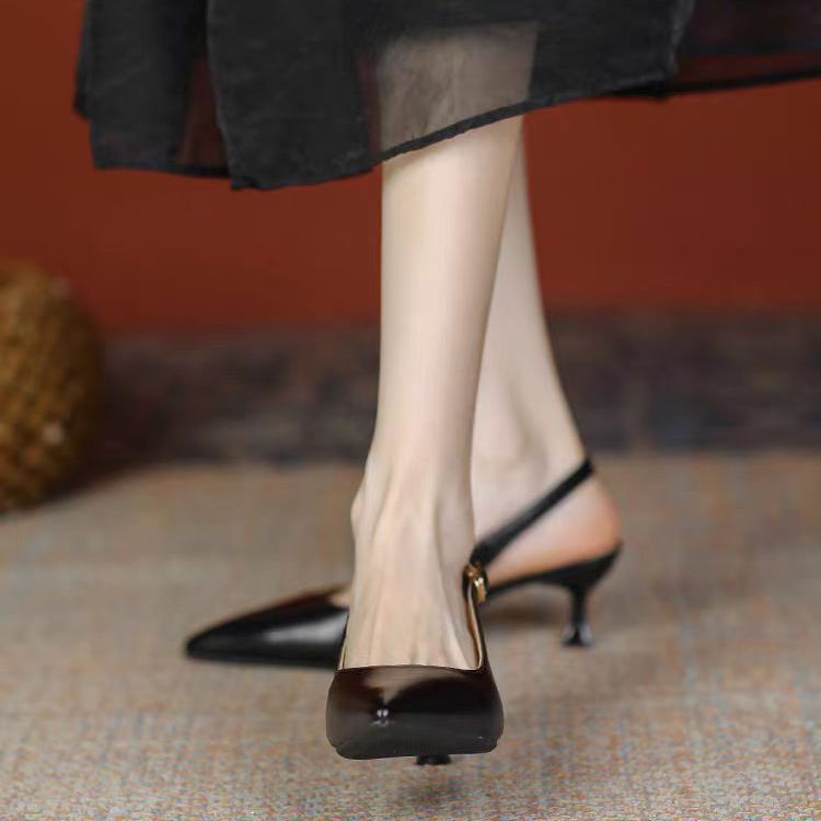 2 Màu Size Lớn 30-45 Giày Cao Gót Gót Gót Nhọn Mũi Nhọn Da Mềm Mũi Đen Dép Che Phủ Tính Khí Mùa Hè Gợi Cảm Ngón Chân Nhỏ KZKB