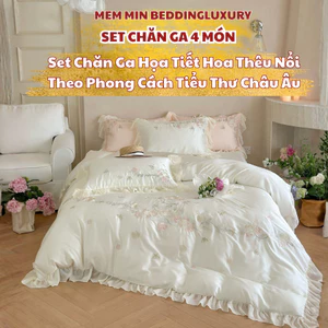 Bộ vỏ chăn ga gối 4 món chất liệu Tencel MemminbeddingLuxury mang họa tiết hoa thêu nổi cực xinh và dễ thương