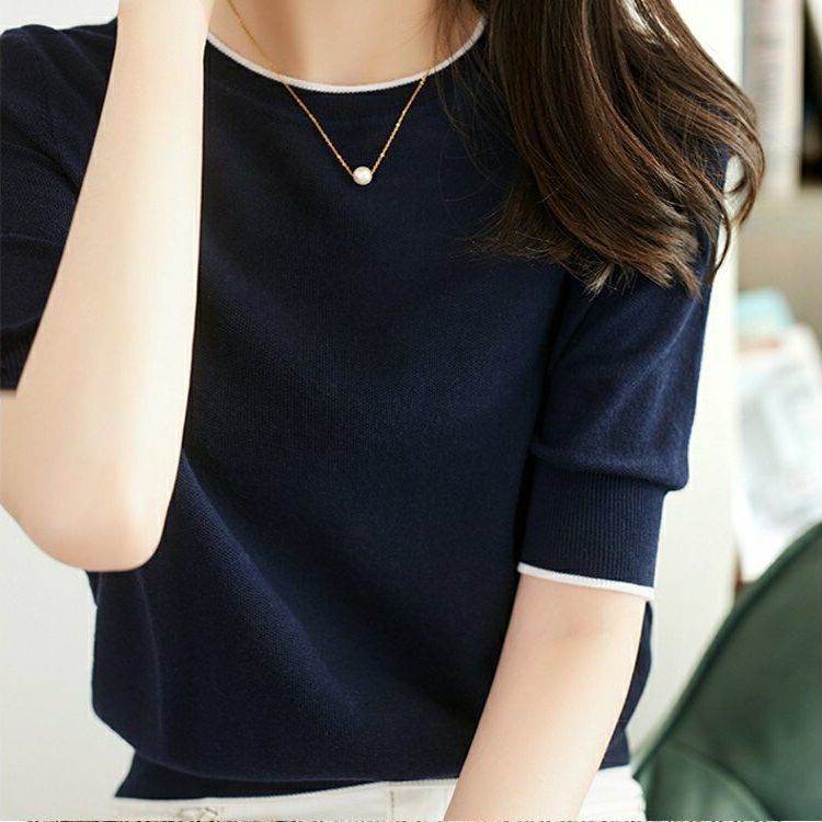 Mùa hè áo thun ngắn tay dệt kim mỏng, cổ tròn dáng rộng, phong cách tươi mát, phù hợp thời trang và thoải mái cho phụ nữ trẻ