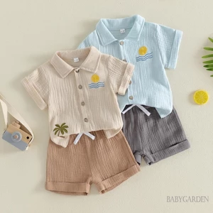 0-3Y Bé Trai Bộ 2 Chiếc Áo Sơ Mi Cây Tay Ngắn Có Eo Co Giãn Quần Short Trang Phục Mùa Hè