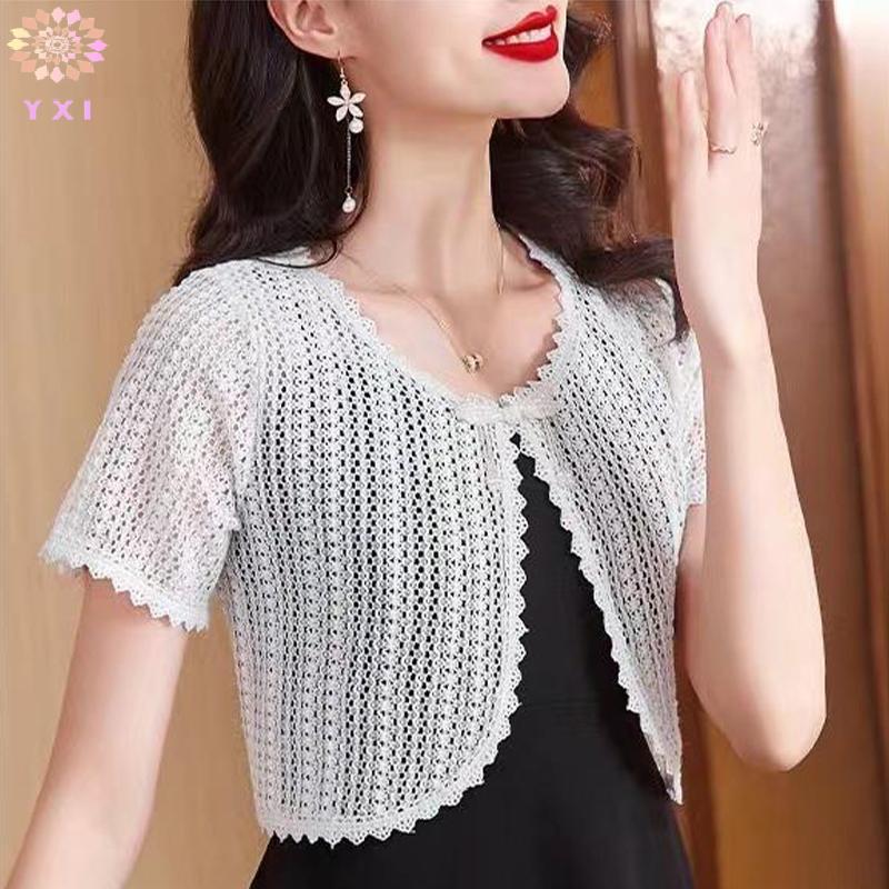 Cardigan nữ mùa hè chất liệu ren rỗng, tay ngắn, màu trơn mới