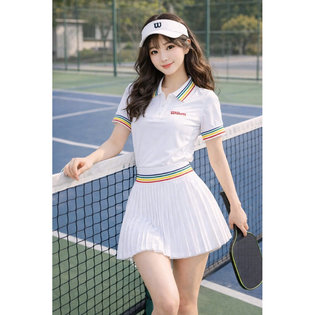 [Pickleball]  Sét Thể Thao Nữ, Áo polo Mix Váy xếp ly Sang Trọng Cho Pickleball Tennis Golf...