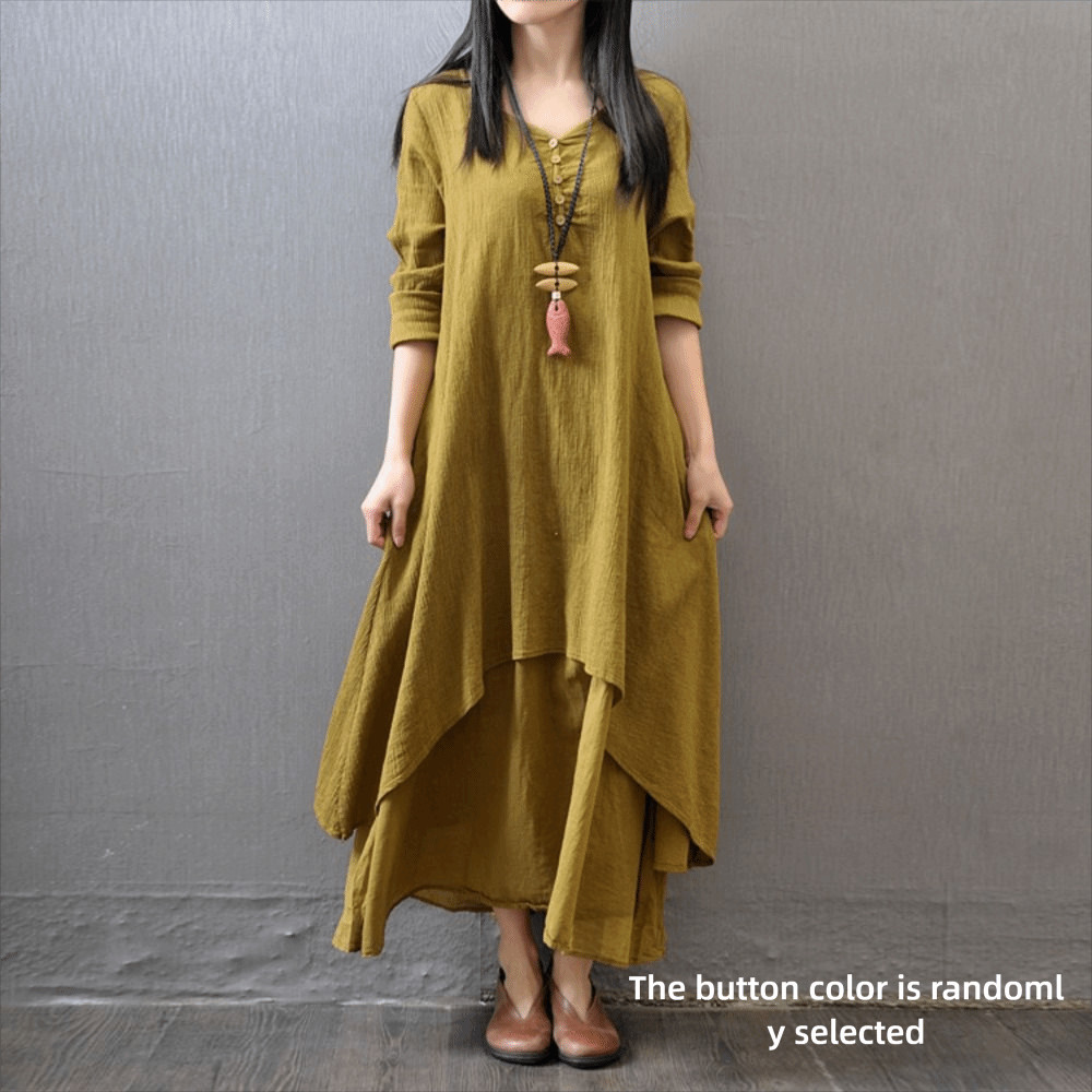 Đầm Xoay, Váy Dài Hai Mảnh Giả Phong Cách Văn Học Polyester, Váy Lanh Xuân Thu
