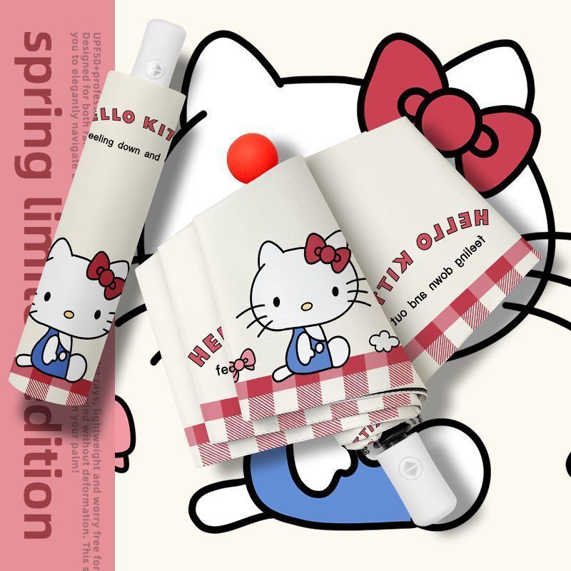 Kẻ Sọc Hello Kitty - Ô Tự Động Ba Gấp, Chống Tia UV và Che Nắng