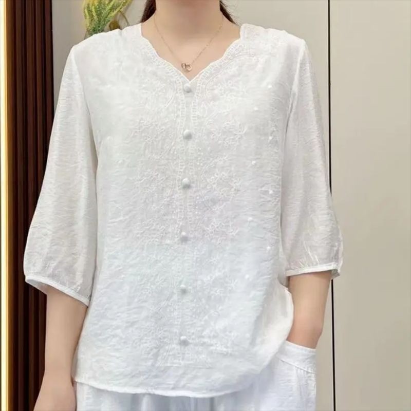 Áo sơ mi nữ phong cách Trung Quốc Retro, thêu đẹp trên cotton và vải lanh, cổ chữ V, tay rộng phù hợp mùa hè