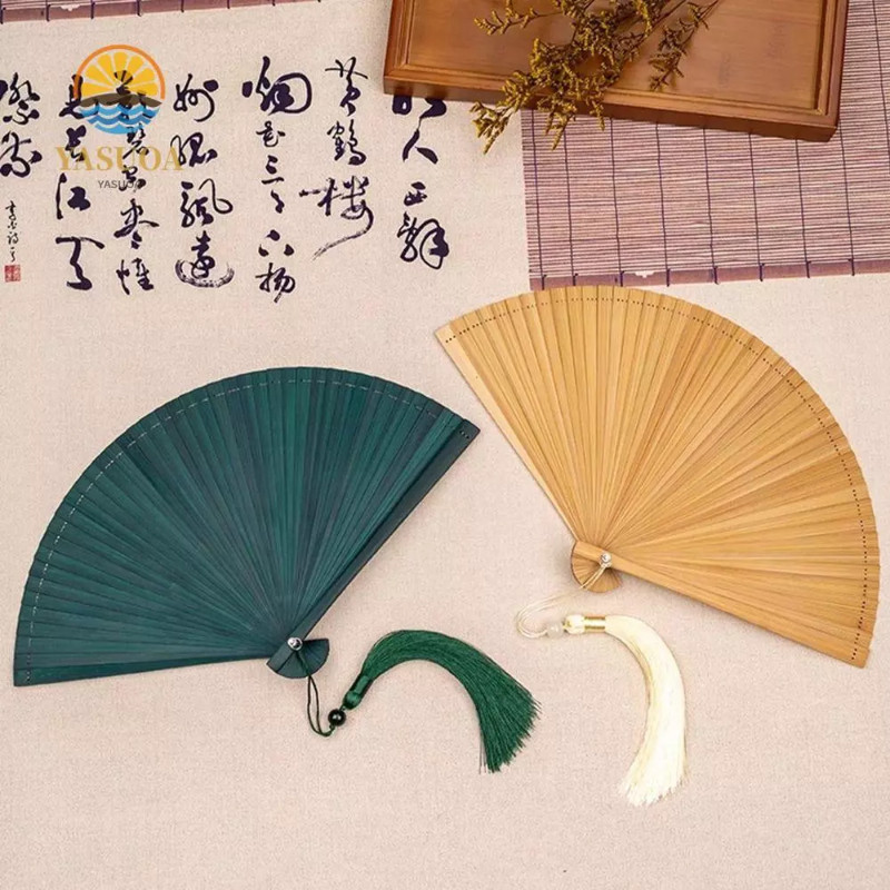 Quạt tre cầm tay cổ trang, quạt nan mini, tua rua, phụ kiện thời trang sự kiện & đám cưới