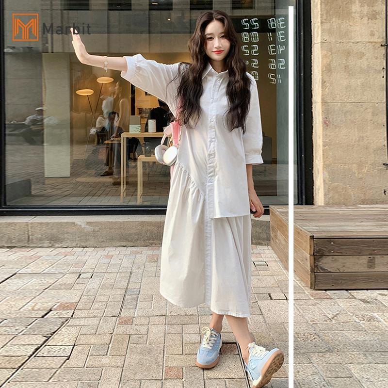 [Mar-T] Đầm dài dáng rộng có nút ve áo đơn giản, váy màu xanh không đồng nhất