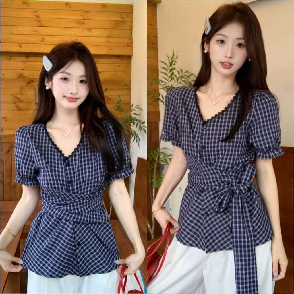 áo kiểu nữ Pháp Retro Kẻ Sọc Mùa Hè Dây Hẹp Thiết Kế Ren Cổ Chữ V