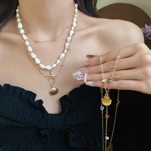Vỏ Sao Biển Mặt Dây Chuyền Đá Tự Nhiên Hạt Vàng, Phong Cách Boho Thích Hợp Mùa Hè