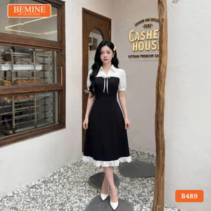 Đầm thiết kế BEMINE cổ sơ mi dáng chữ A phối xô ren đục lỗ phù hợp đi làm, đi chơi-B489