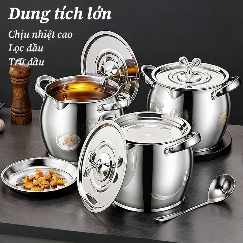 Âu Đựng mỡ lợn  inox 304 - Tặng Khay Lọc , Thìa & Nắp Đậy Kín, Dung Tích Lớn, Đa Năng & Tiện Lợi
