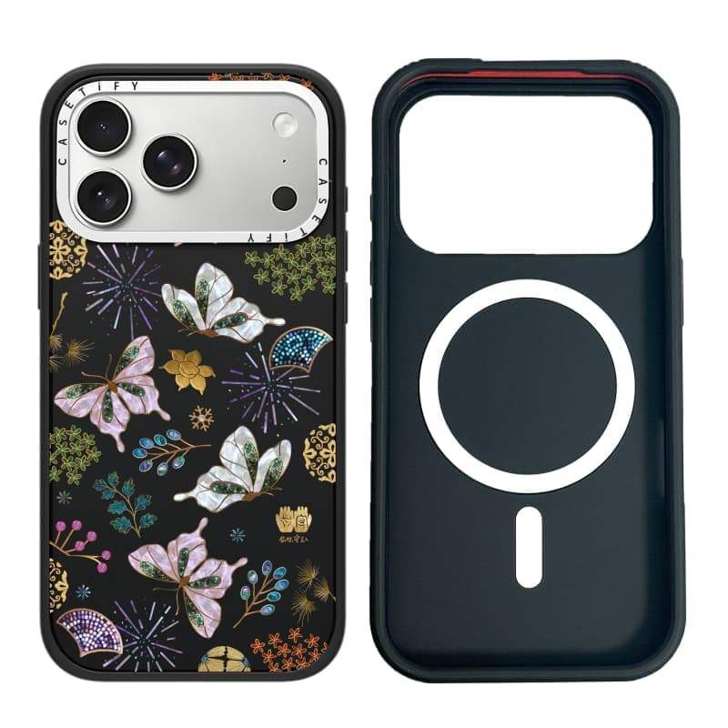 CASECASE X SHANGHCHENGSHI Ốp điện thoại hình con bướm may mắn Phiên bản vòng máy ảnh màu đen mờ cứng hút từ tính Vỏ tác động cho Apple IPhone 13 14 15 16 17 Pro Max Air Plus