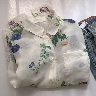 Áo sơ mi retro voan mỏng tay dài cổ ve, phù hợp mùa xuân hè