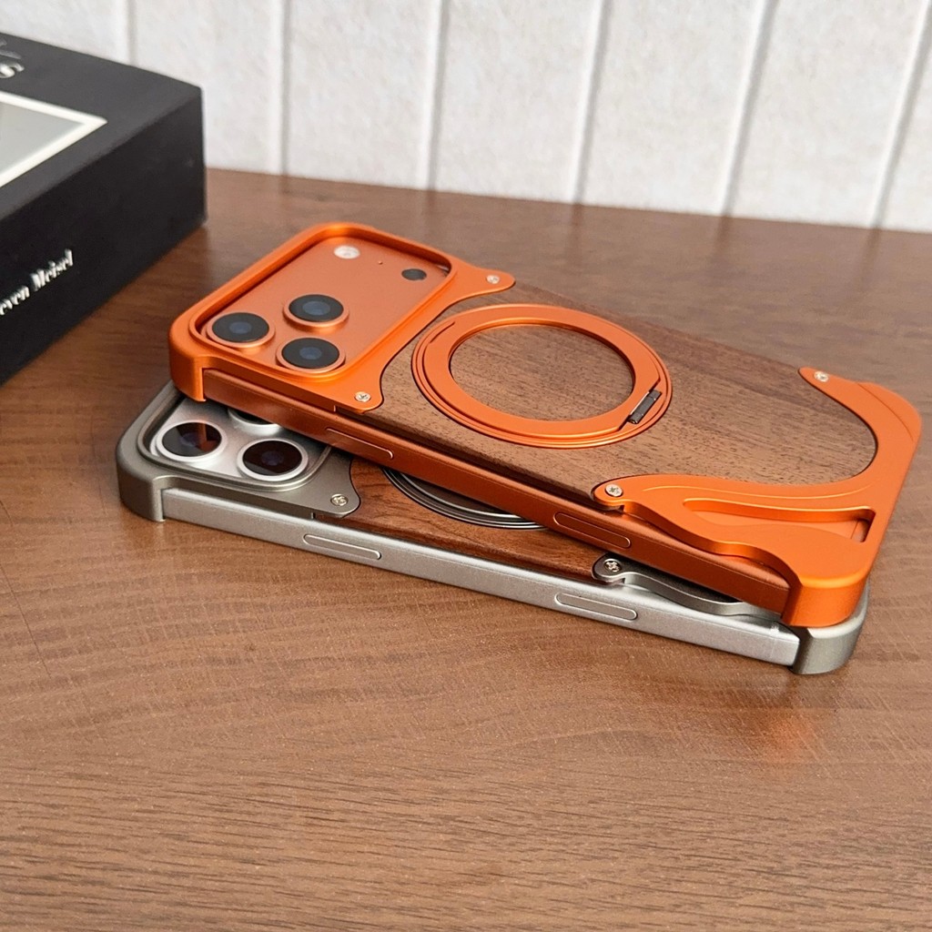 Hợp kim nhôm sang trọng không vành 360°Ốp điện thoại giá đỡ từ tính cho IPhone 14 15 16 17 Pro Max Vỏ kết cấu gỗ óc chó chống sốc
