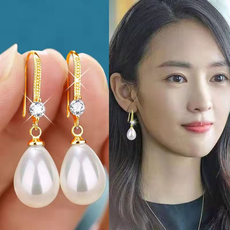 Mặt dây chuyền và bông tai ngọc trai hình bầu dục, thiết kế thời trang dành cho nữ